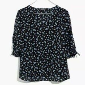 Madewell Silk Short Sleeve Black Floral Blouse
